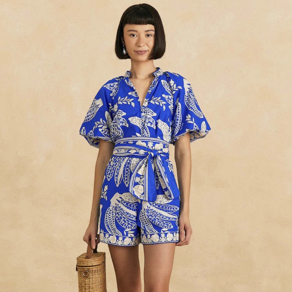Farm Rio Blue Lace Banana Romper‎ Blue White size L large jumpsuit puff sleeve